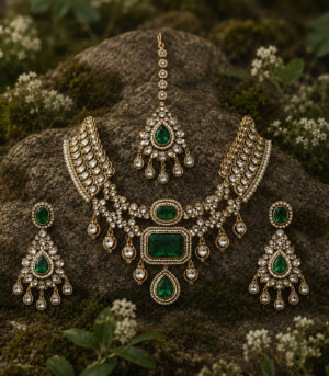 Emerald Green Bridal Polki Necklace Set with Maang Tikka & Statement Earrings