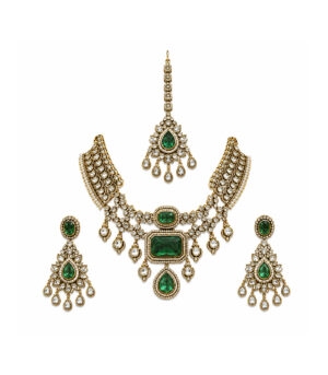 Emerald Green Bridal Polki Necklace Set with Maang Tikka & Statement Earrings