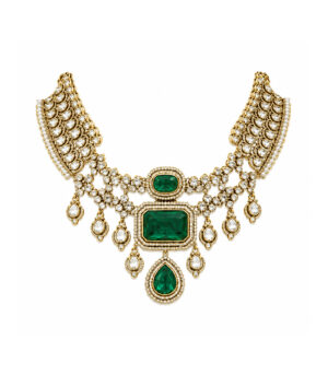 Emerald Green Bridal Polki Necklace Set with Maang Tikka & Statement Earrings