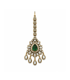 Emerald Green Bridal Polki Necklace Set with Maang Tikka & Statement Earrings