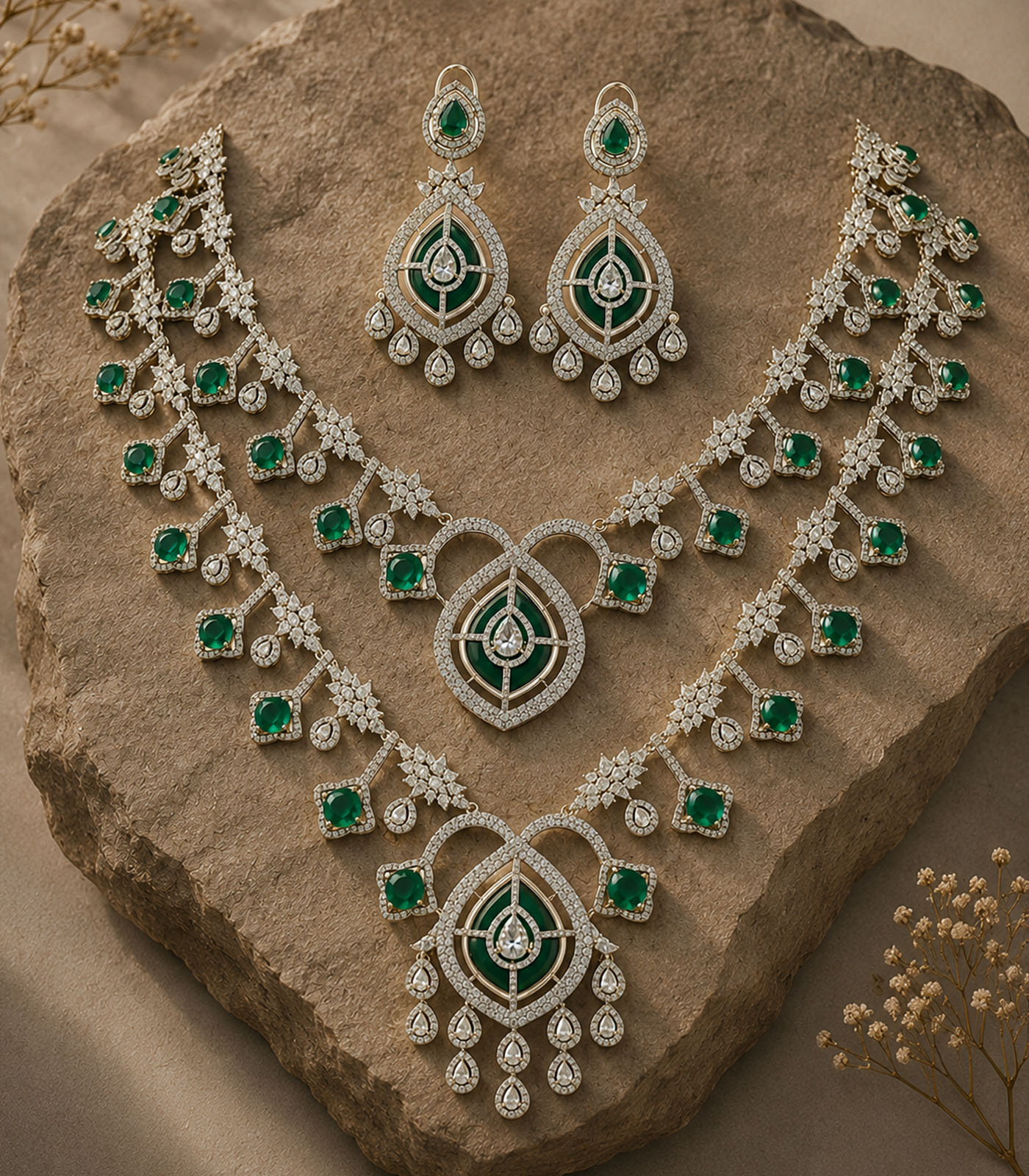 Emerald Layered Statement Necklace Set - Image 3