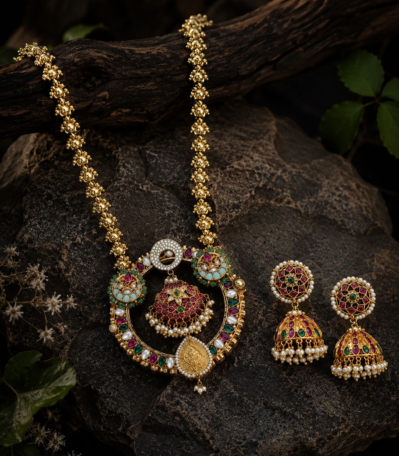 Emerald Sapphire Swan Diamond Statement Necklace Set - Image 2
