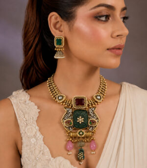 Green Carved Stone Statement Necklace Set with Designer Earrings