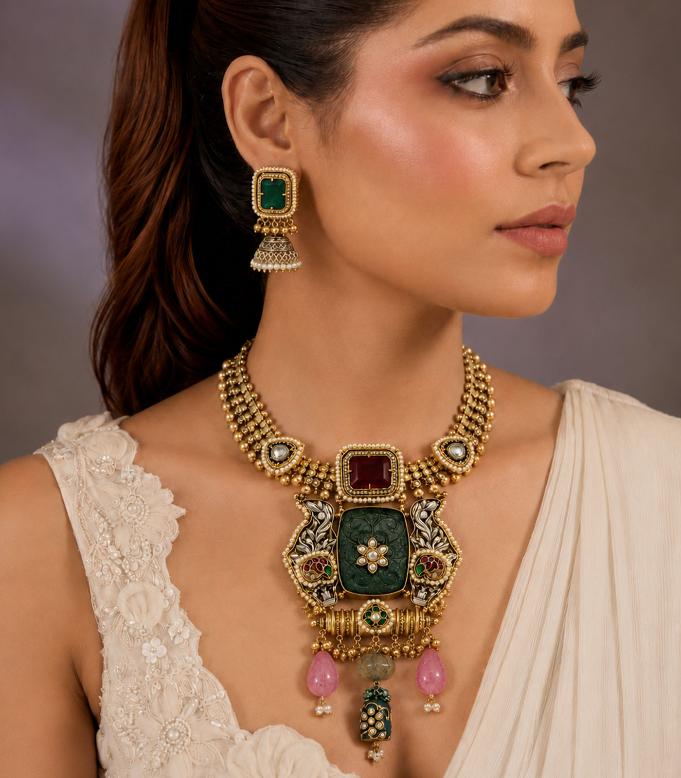 Green Carved Stone Statement Necklace Set with Designer Earrings