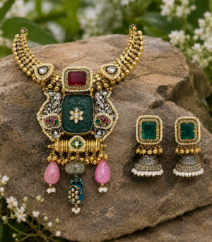 Green Carved Stone Statement Necklace Set with Designer Earrings