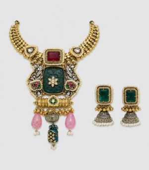 Green Carved Stone Statement Necklace Set with Designer Earrings