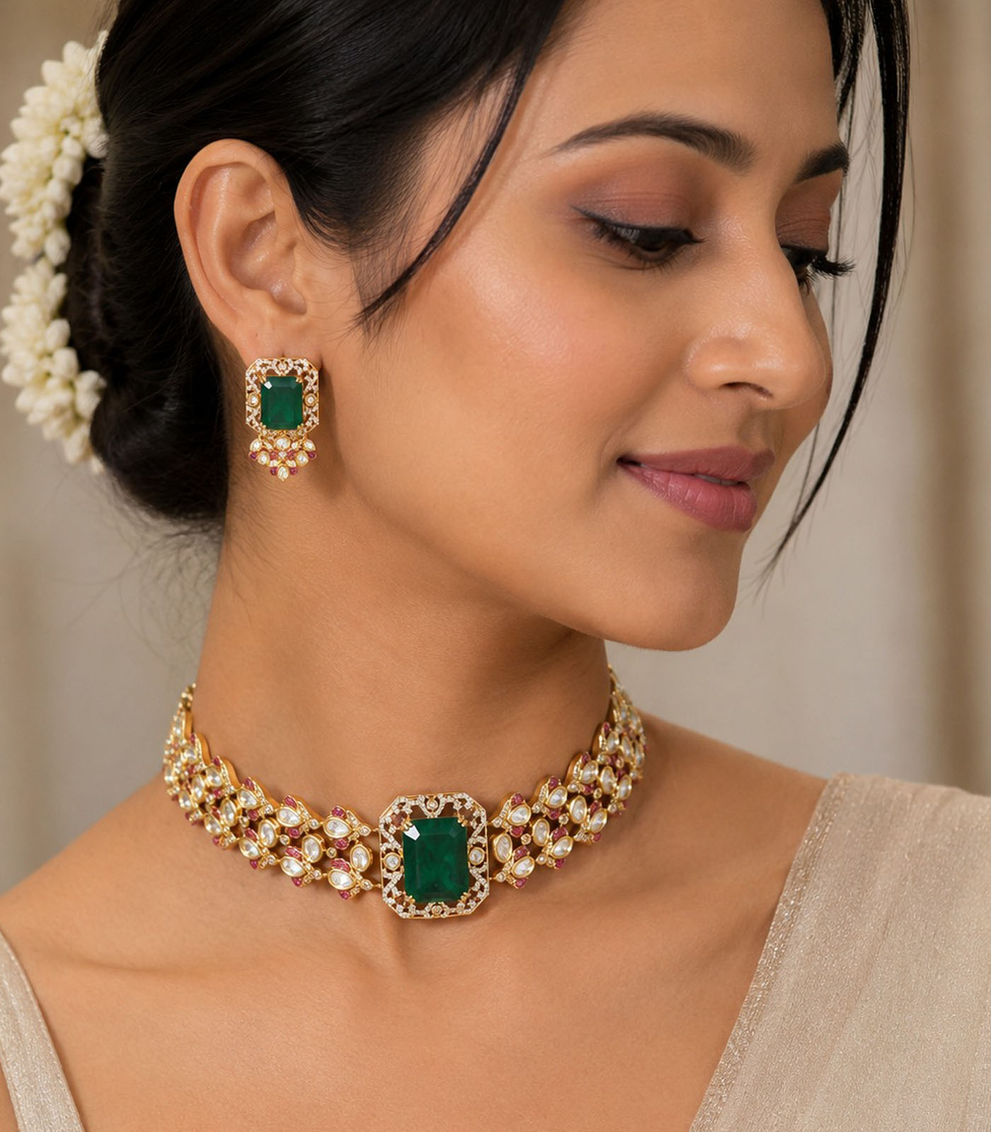 Emerald Green Polki Choker Necklace Set with Statement Earrings