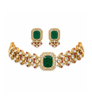 Emerald Green Polki Choker Necklace Set with Statement Earrings
