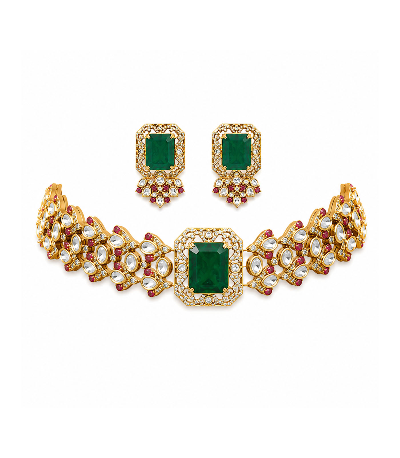 Emerald Green Polki Choker Necklace Set with Statement Earrings - Image 3