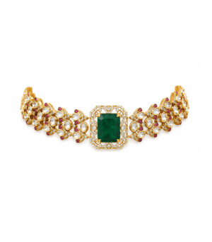 Emerald Green Polki Choker Necklace Set with Statement Earrings