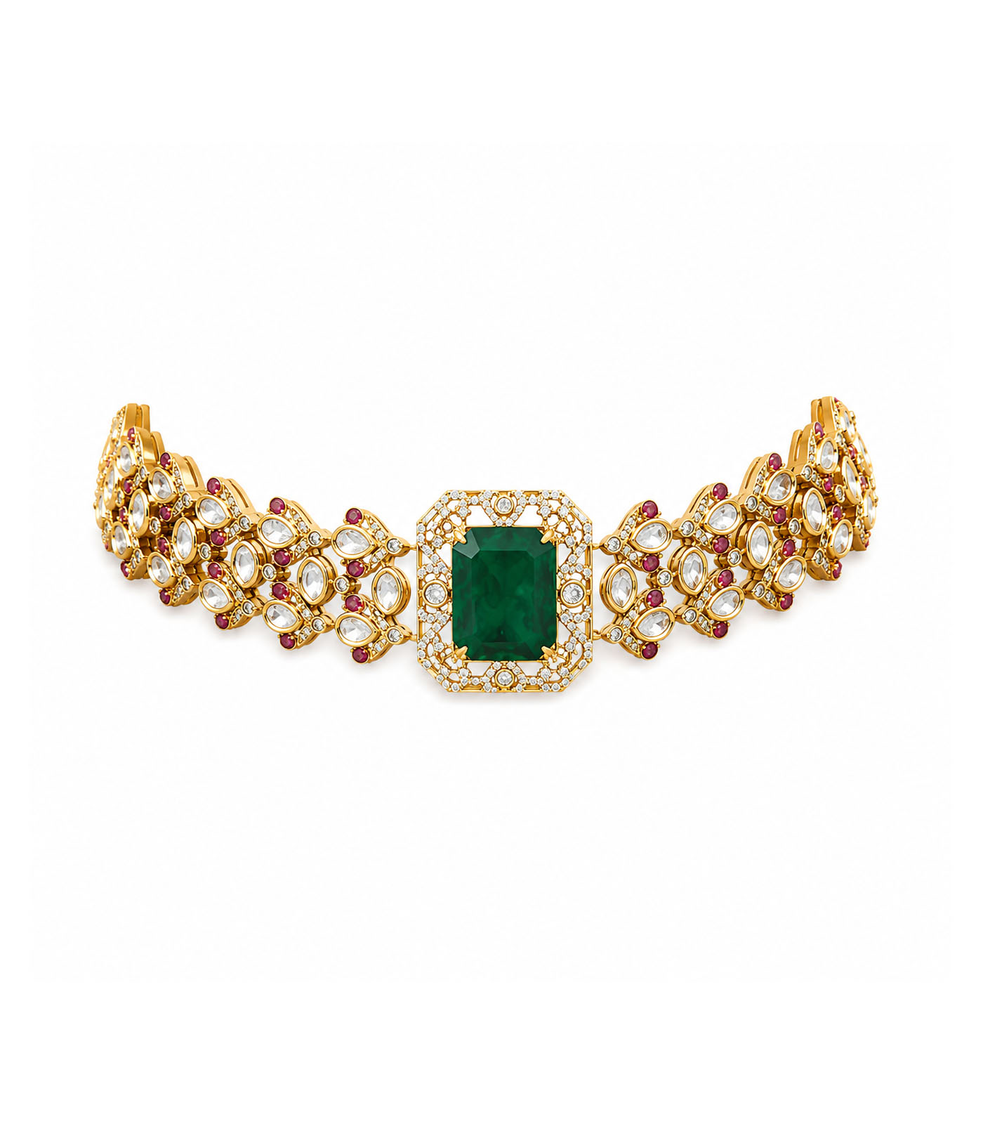 Emerald Green Polki Choker Necklace Set with Statement Earrings - Image 4