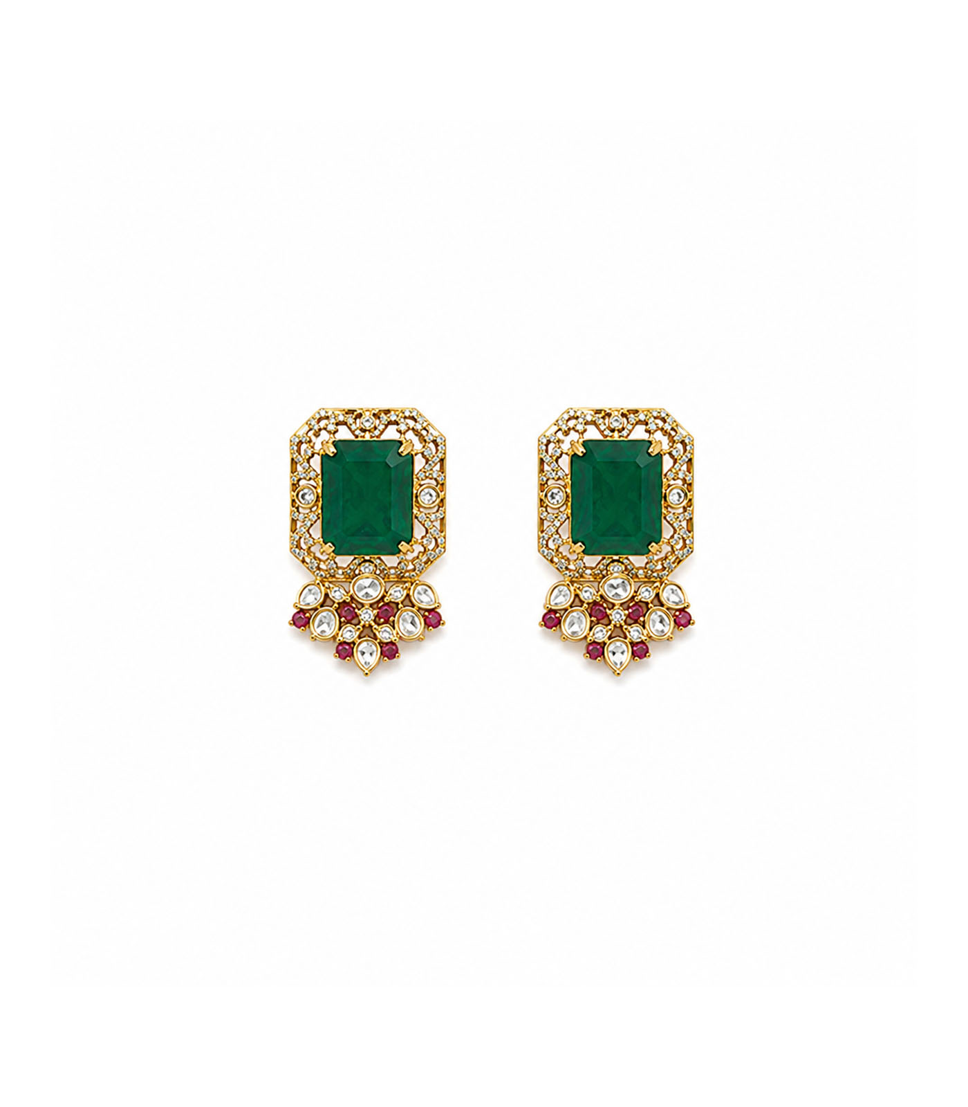 Emerald Green Polki Choker Necklace Set with Statement Earrings - Image 2