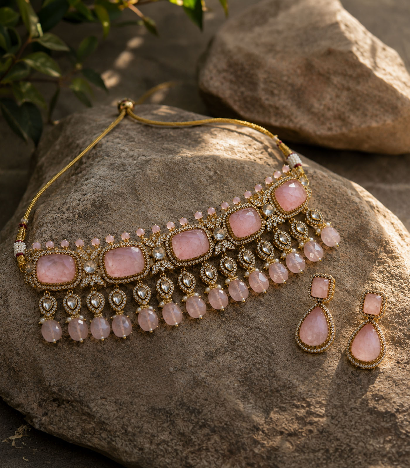 Pastel Pink Polki Choker Set - Image 2