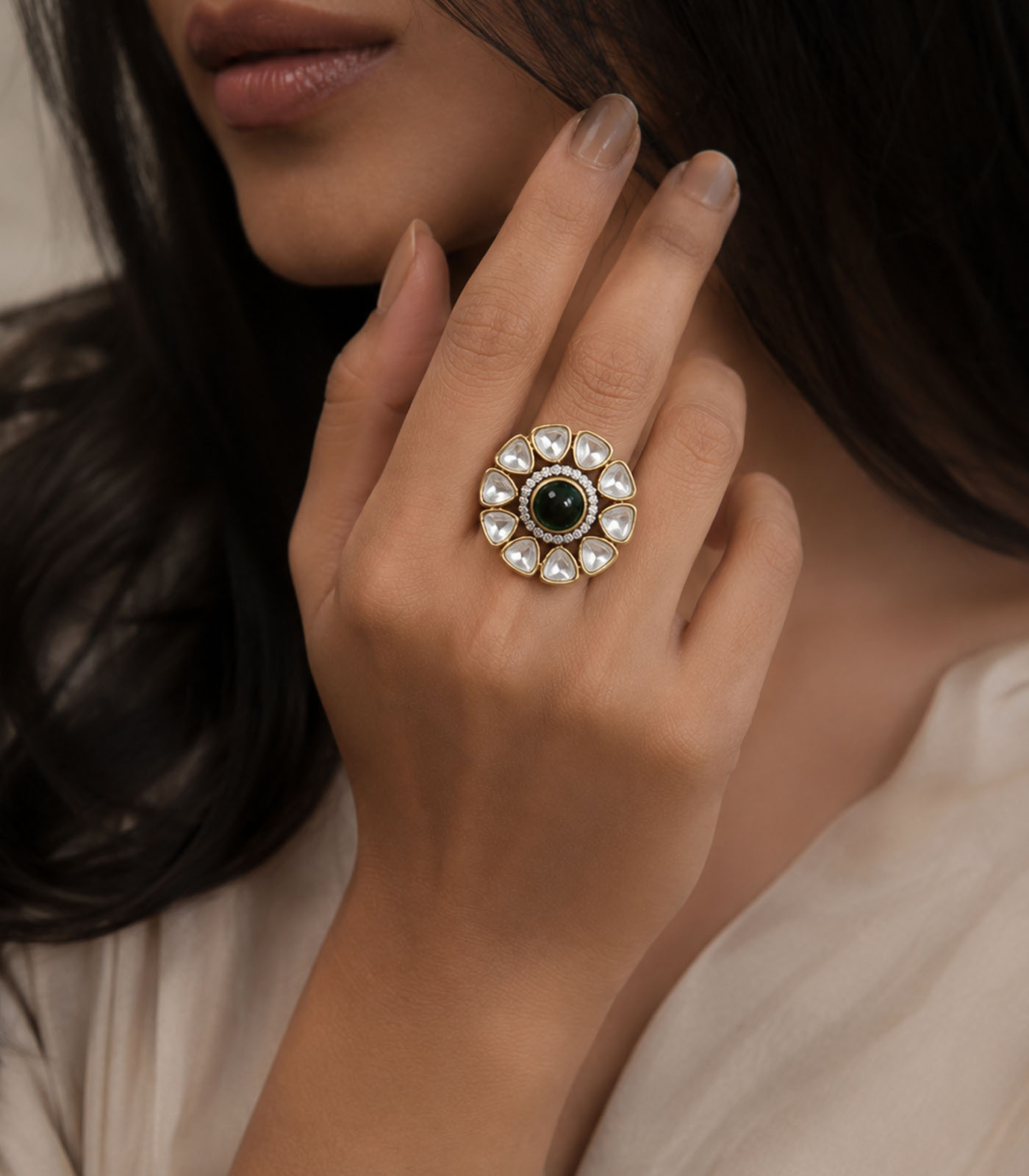 Emerald Polki Floral Statement Ring