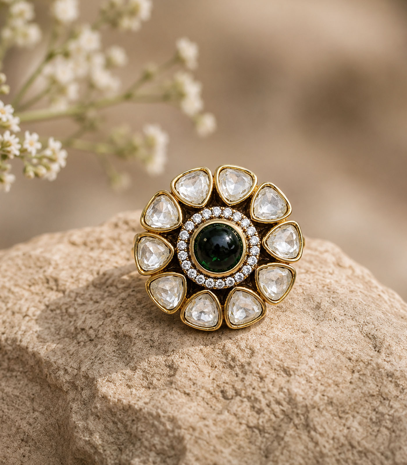 Emerald Polki Floral Statement Ring - Image 3
