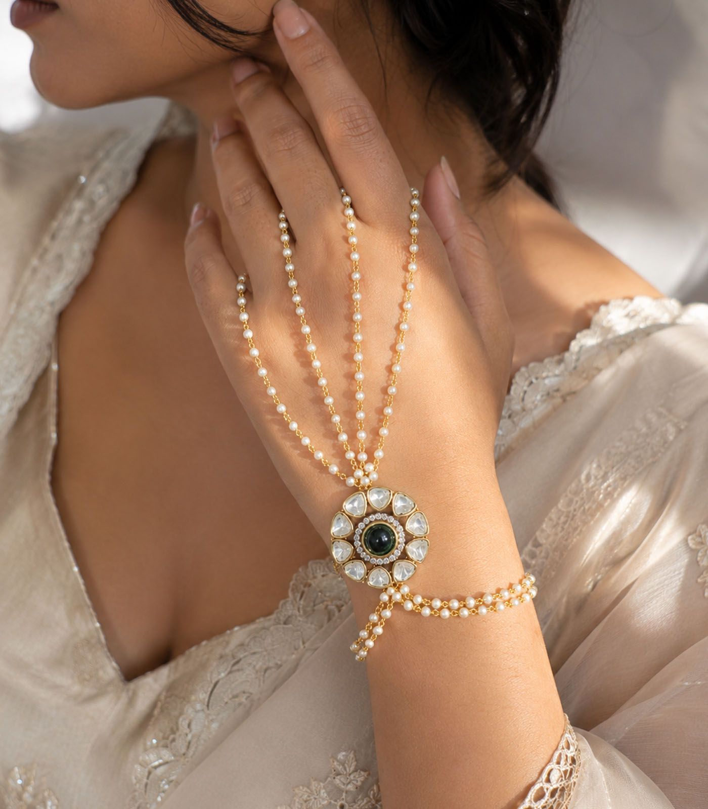 Polki Pearl Floral Haath Phool Bracelet
