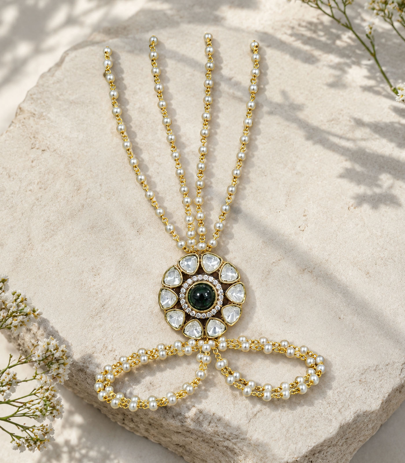 Polki Pearl Floral Haath Phool Bracelet - Image 3