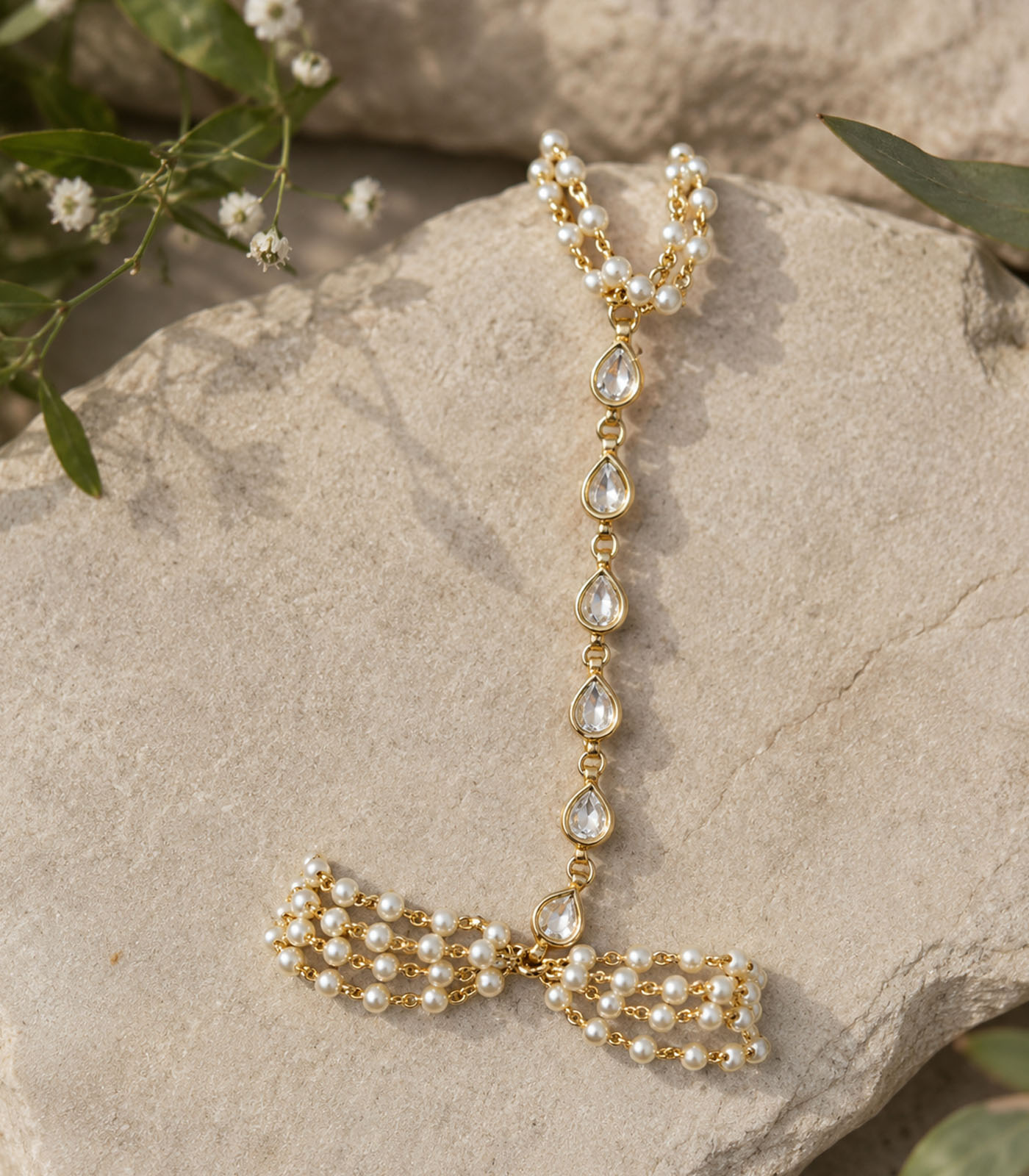 Pearl & Polki Bridal Haath Phool Bracelet - Image 3