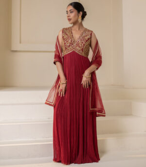 Maroon Wine Georgette Sleeveless Embellished Designer Anarkali Gown