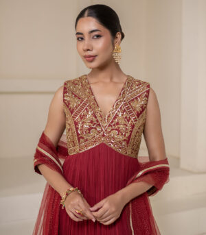 Maroon Wine Georgette Sleeveless Embellished Designer Anarkali Gown