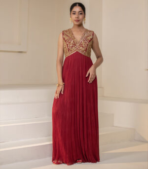 Maroon Wine Georgette Sleeveless Embellished Designer Anarkali Gown