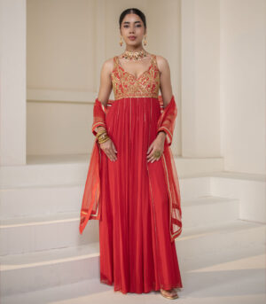 Crimson Red Georgette Sleeveless Gold Zari Anarkali Gown