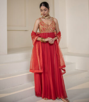 Crimson Red Georgette Sleeveless Gold Zari Anarkali Gown