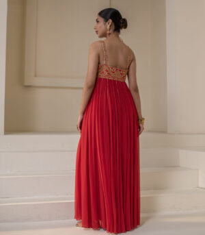 Crimson Red Georgette Sleeveless Gold Zari Anarkali Gown