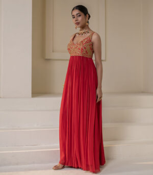 Crimson Red Georgette Sleeveless Gold Zari Anarkali Gown