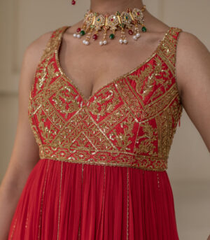 Crimson Red Georgette Sleeveless Gold Zari Anarkali Gown