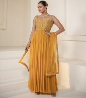 Mustard Yellow Georgette Sleeveless Corset Designer Anarkali Gown