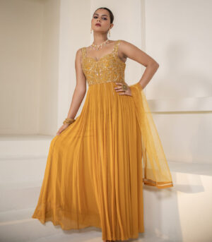Mustard Yellow Georgette Sleeveless Corset Designer Anarkali Gown