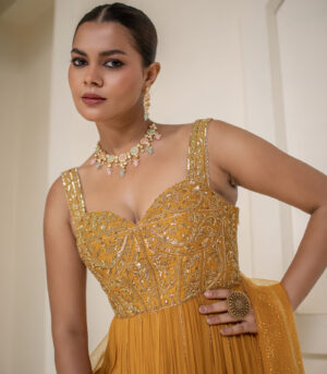 Mustard Yellow Georgette Sleeveless Corset Designer Anarkali Gown