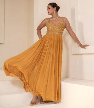 Mustard Yellow Georgette Sleeveless Corset Designer Anarkali Gown