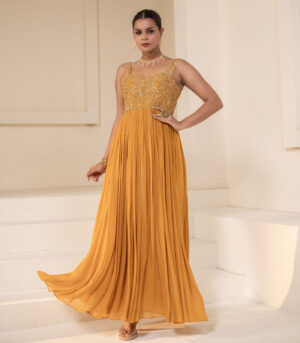 Mustard Yellow Georgette Sleeveless Corset Designer Anarkali Gown