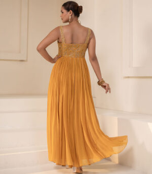 Mustard Yellow Georgette Sleeveless Corset Designer Anarkali Gown