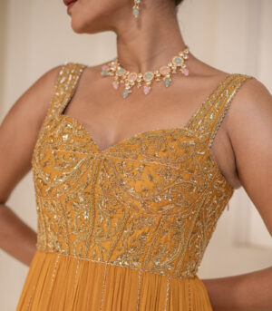 Mustard Yellow Georgette Sleeveless Corset Designer Anarkali Gown