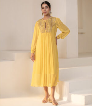 Sunshine Yellow Gold Embellished Yoke Georgette Kurta deigner Dress