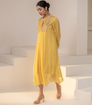 Sunshine Yellow Gold Embellished Yoke Georgette Kurta deigner Dress