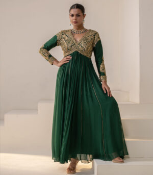 Emerald Green Georgette Full-Sleeve Gold Embellished Anarkali Gown