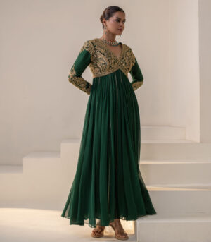 Emerald Green Georgette Full-Sleeve Gold Embellished Anarkali Gown