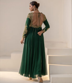 Emerald Green Georgette Full-Sleeve Gold Embellished Anarkali Gown