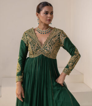 Emerald Green Georgette Full-Sleeve Gold Embellished Anarkali Gown
