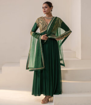 Emerald Green Georgette Full-Sleeve Gold Embellished Anarkali Gown