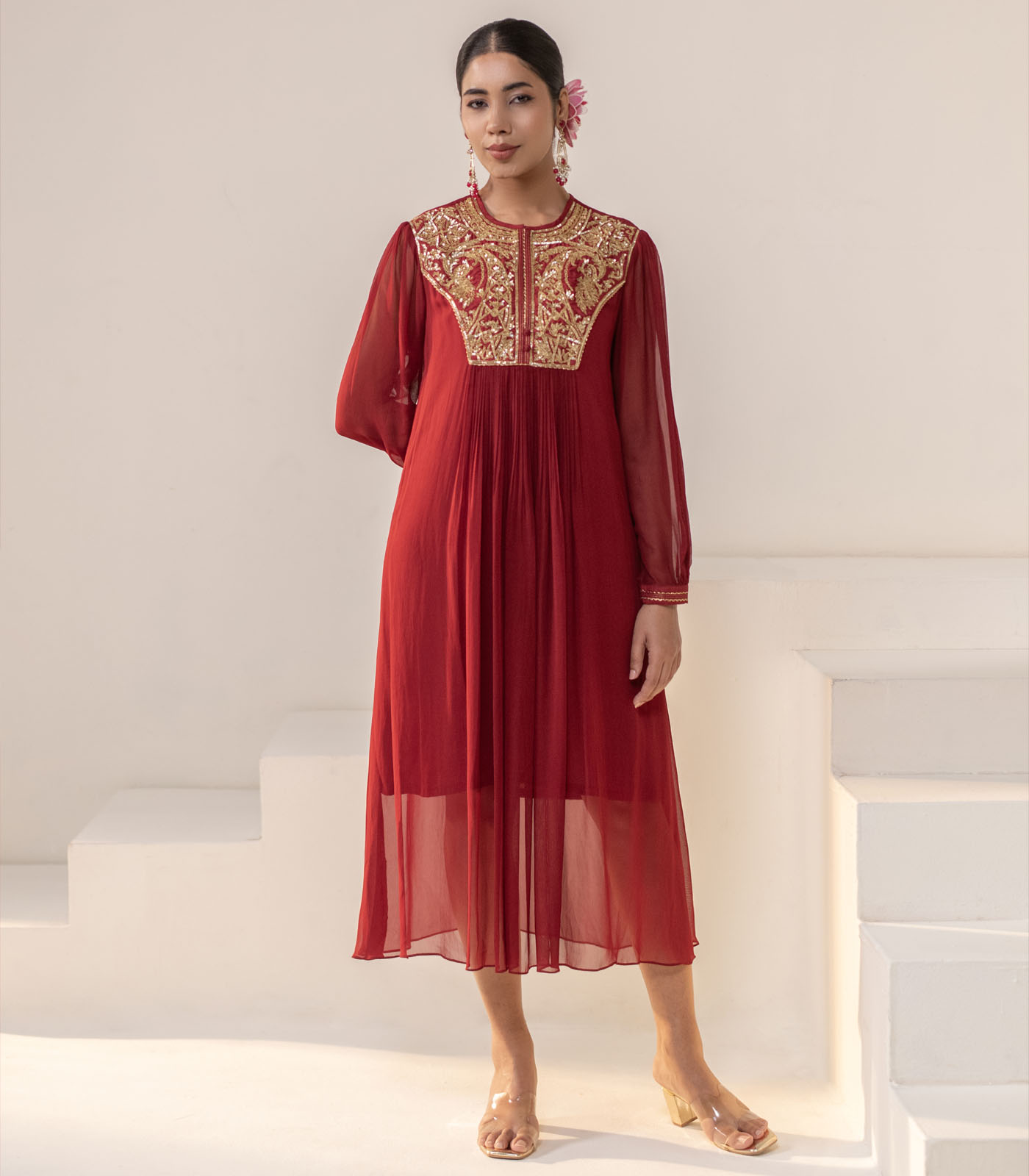 Maroon Embellished Yoke Georgette Kurta deigner Dress