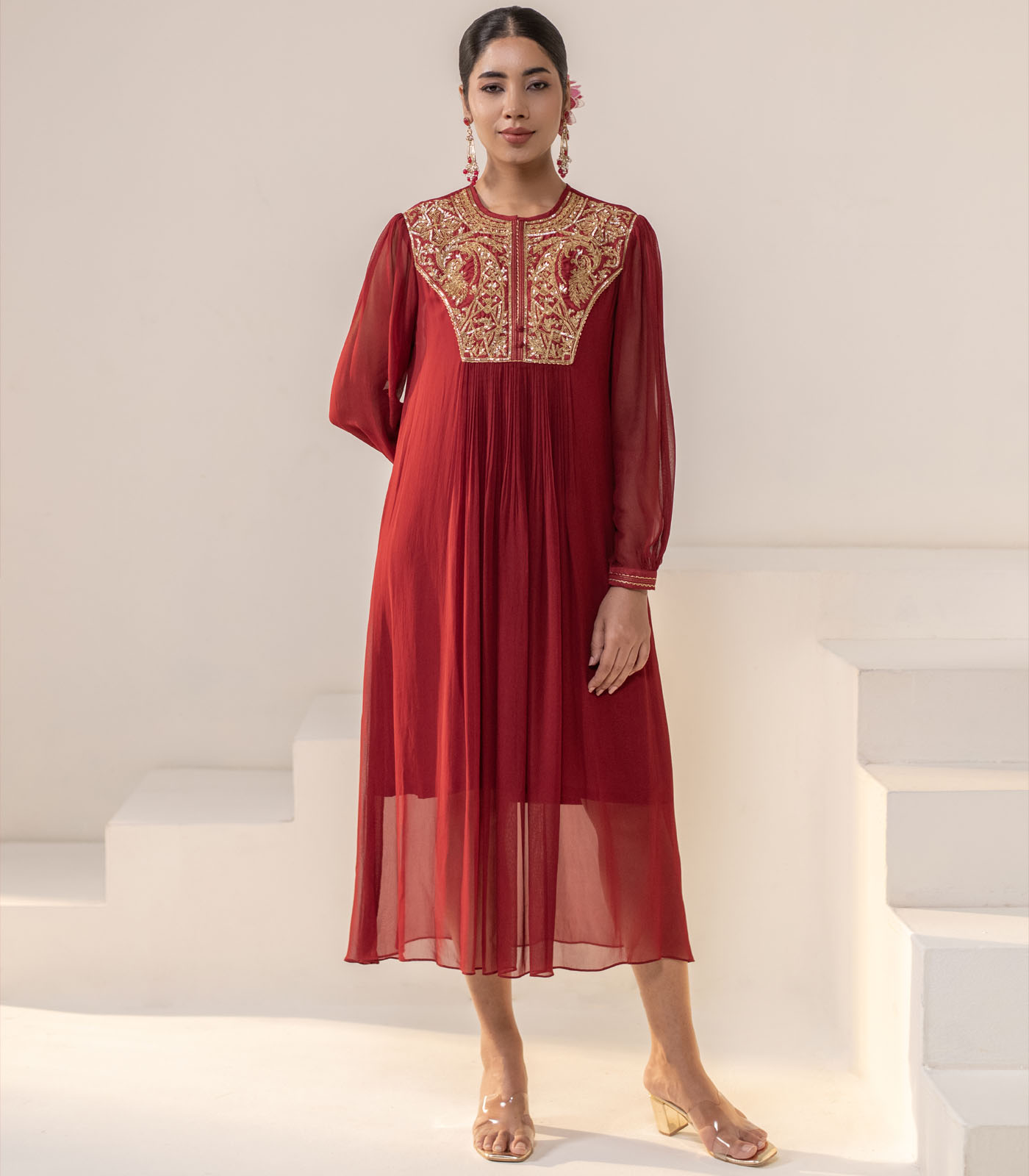 Maroon Embellished Yoke Georgette Kurta deigner Dress - Image 4