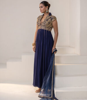 Royal Navy Blue Lapel Collar Anarkali Gown Designer