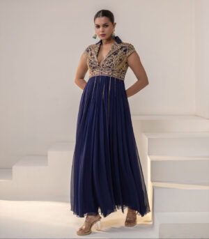 Royal Navy Blue Lapel Collar Anarkali Gown Designer