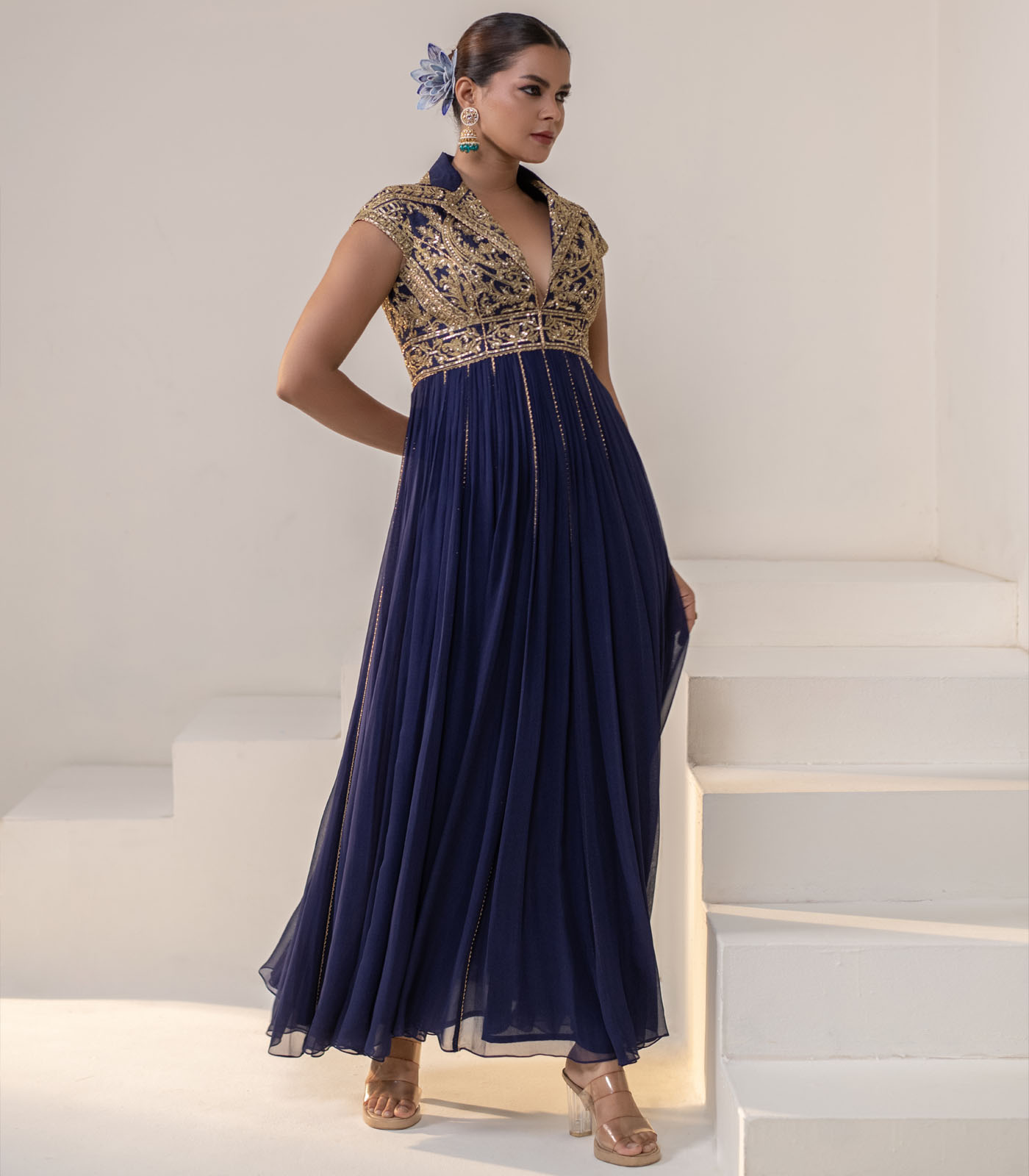 Royal Navy Blue Lapel Collar Anarkali Gown Designer - Image 4