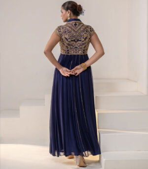 Royal Navy Blue Lapel Collar Anarkali Gown Designer